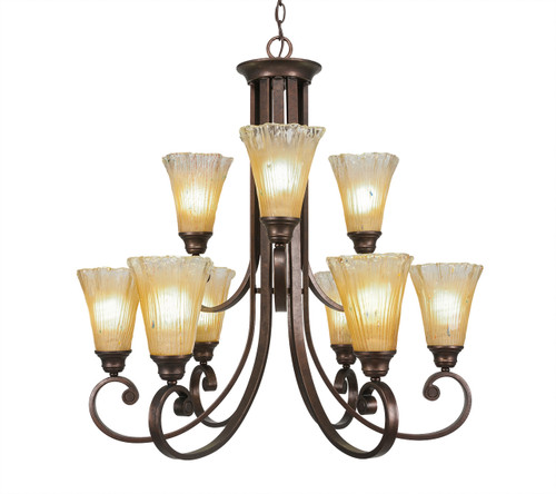 Curl 9 Light Chandelier Shown In Bronze Finish With 5.5" Fluted Amber Crystal Glass (259-BRZ-720)