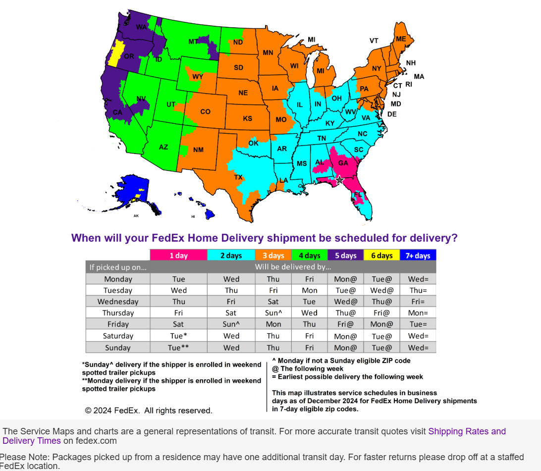 FedEx Delivery Map from Golden Lighting Warehouse by Isabelles Lighting