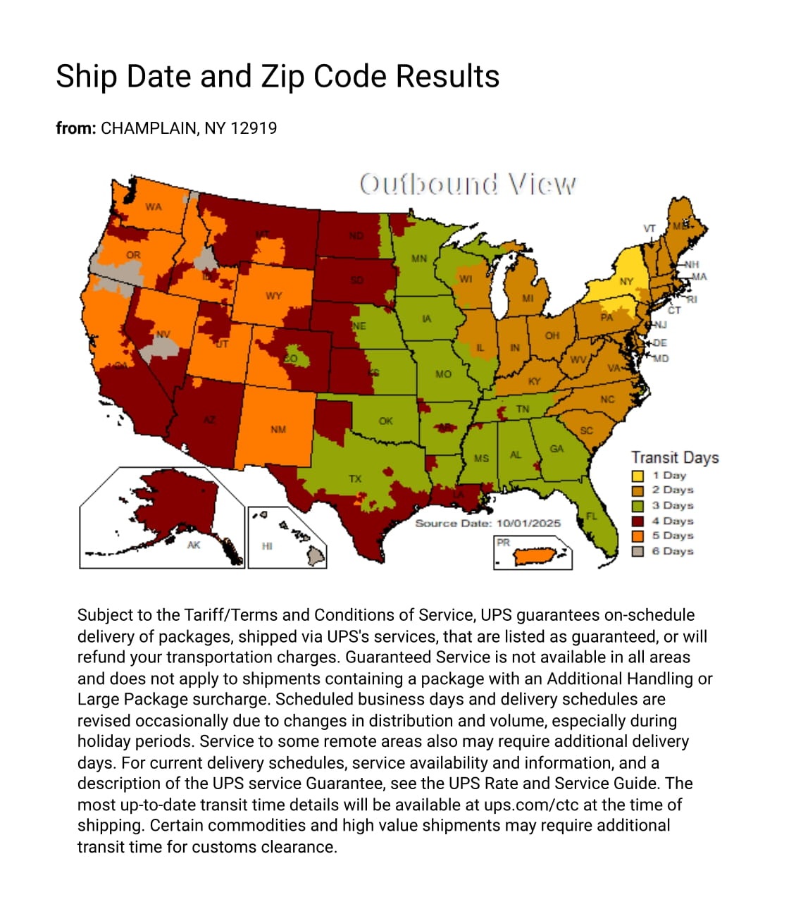 UPS Delivery Map from Artcraft Lighting Warehouse by Isabelles Lighting