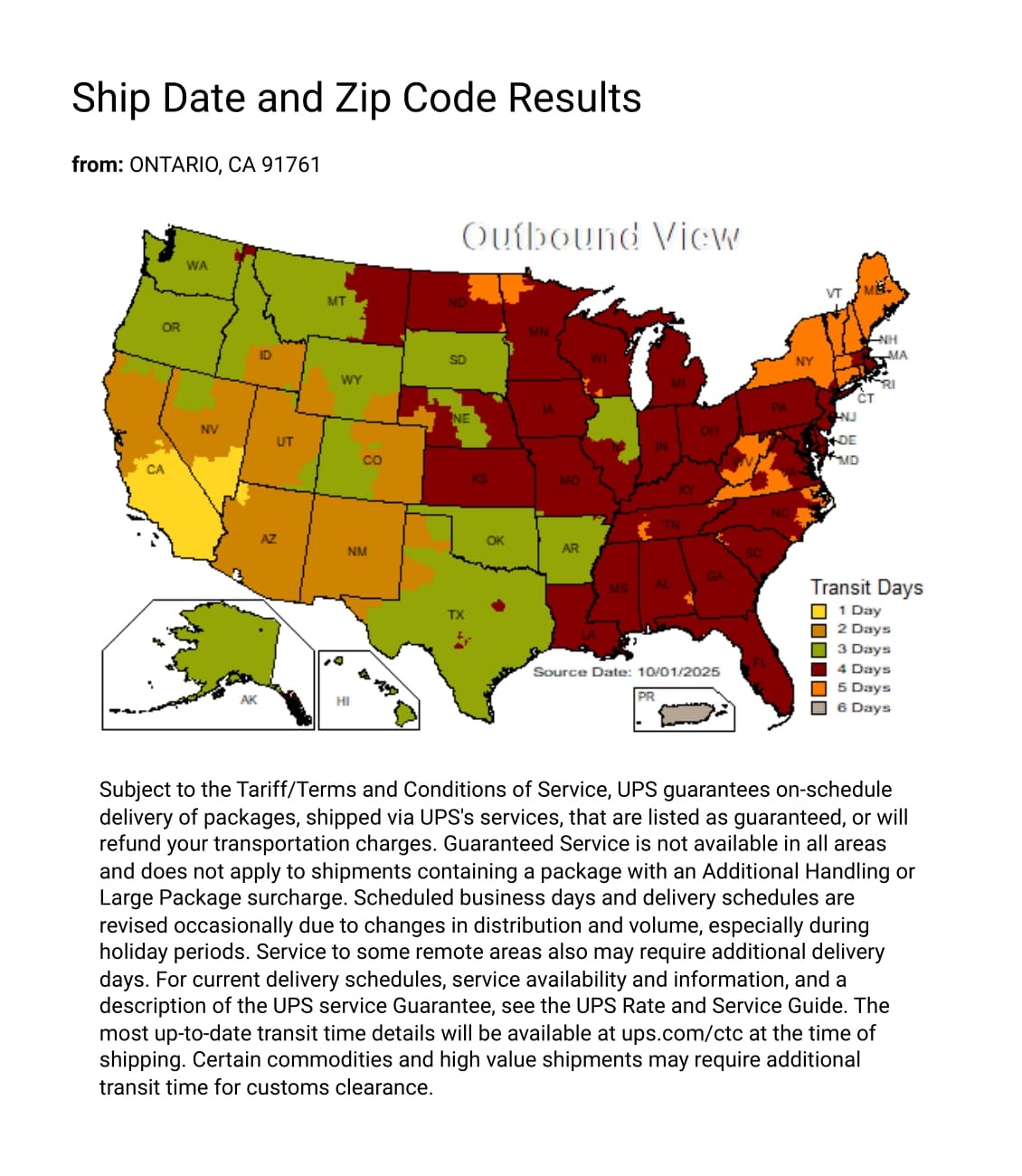 UPS Delivery Map from Carro Warehouse by Isabelles Lighting