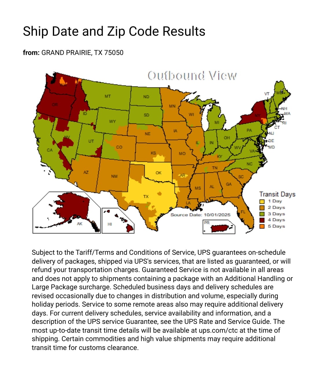 UPS Delivery Map from Craftmade Warehouse by Isabelles Lighting