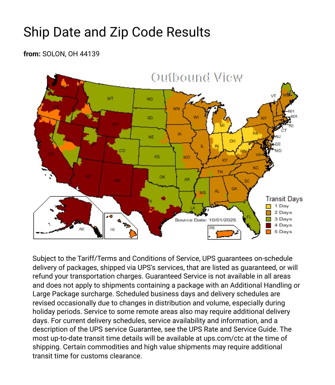 UPS Delivery Map from Eglo Warehouse by Isabelles Lighting