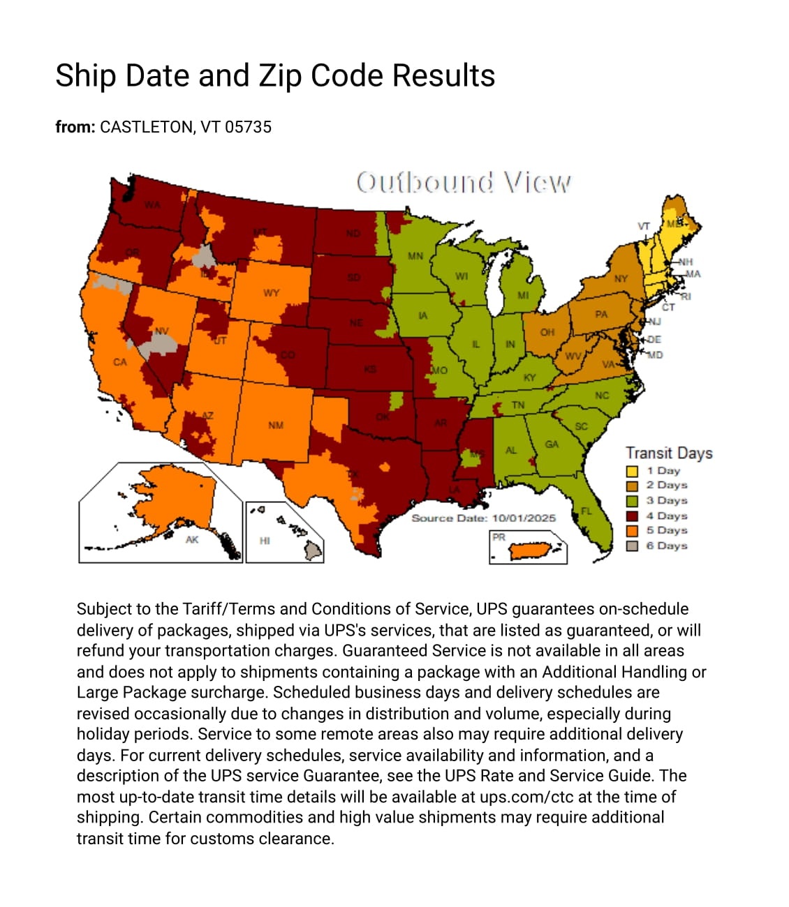UPS Delivery Map from Hubbardton Forge Warehouse by Isabelles Lighting