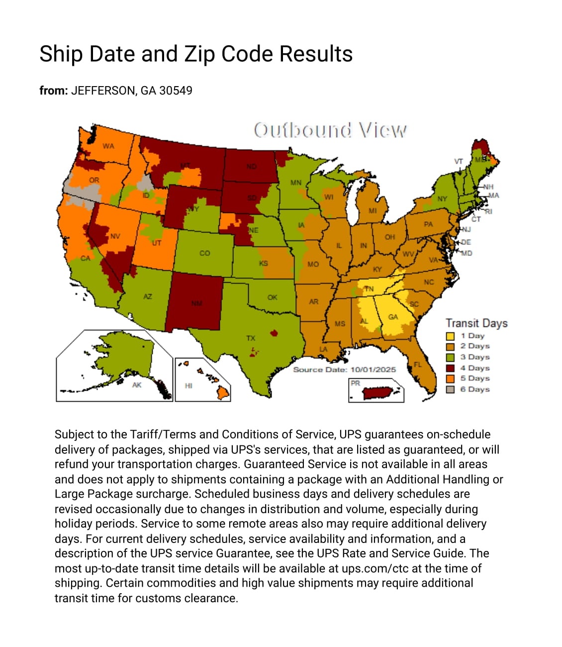 UPS Delivery Map from Progress Lighting Warehouse by Isabelles Lighting