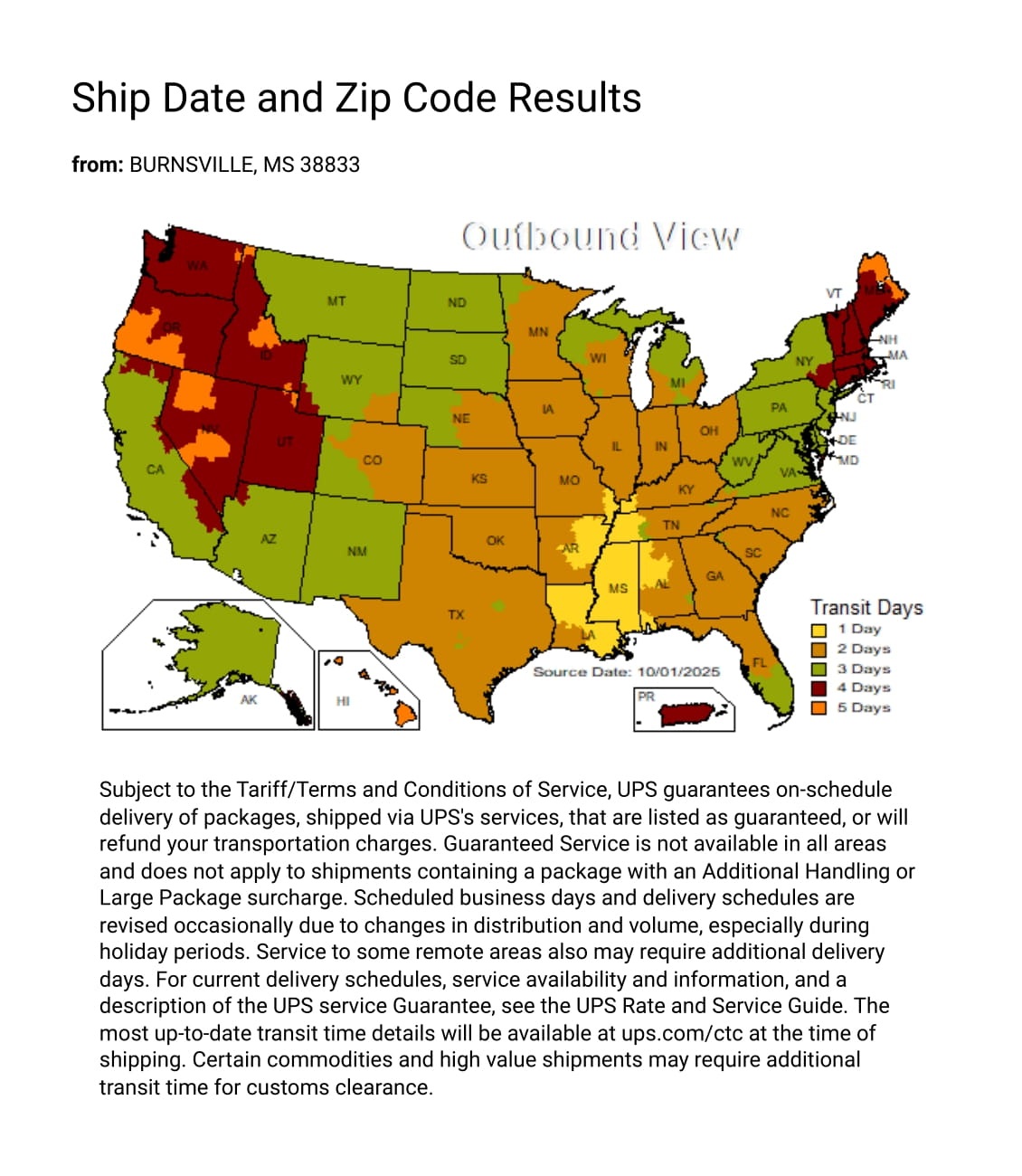 UPS Delivery Map from Toltec Lighting Warehouse by Isabelles Lighting