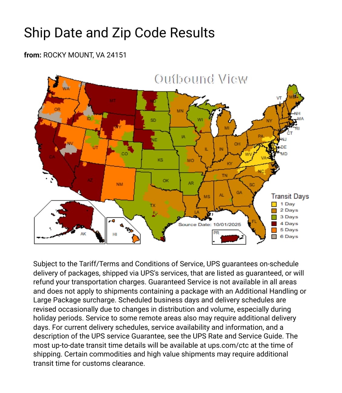 UPS Delivery Map from Uttermost VA Warehouse by Isabelles Lighting