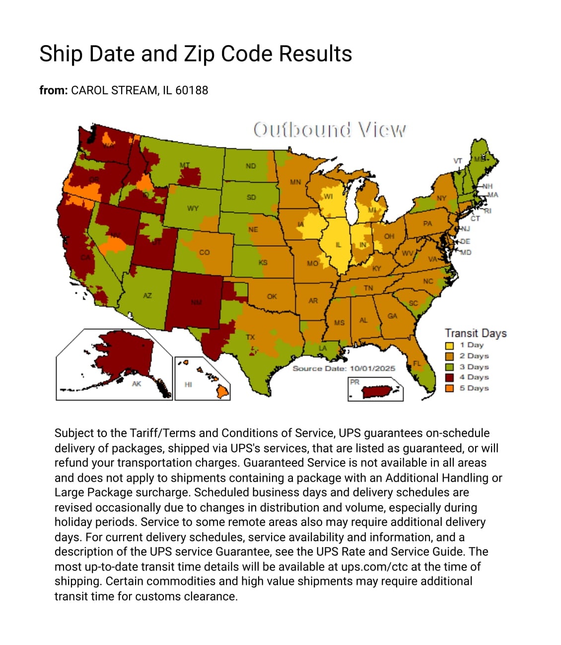 UPS Delivery Map from Vaxcel Warehouse by Isabelles Lighting