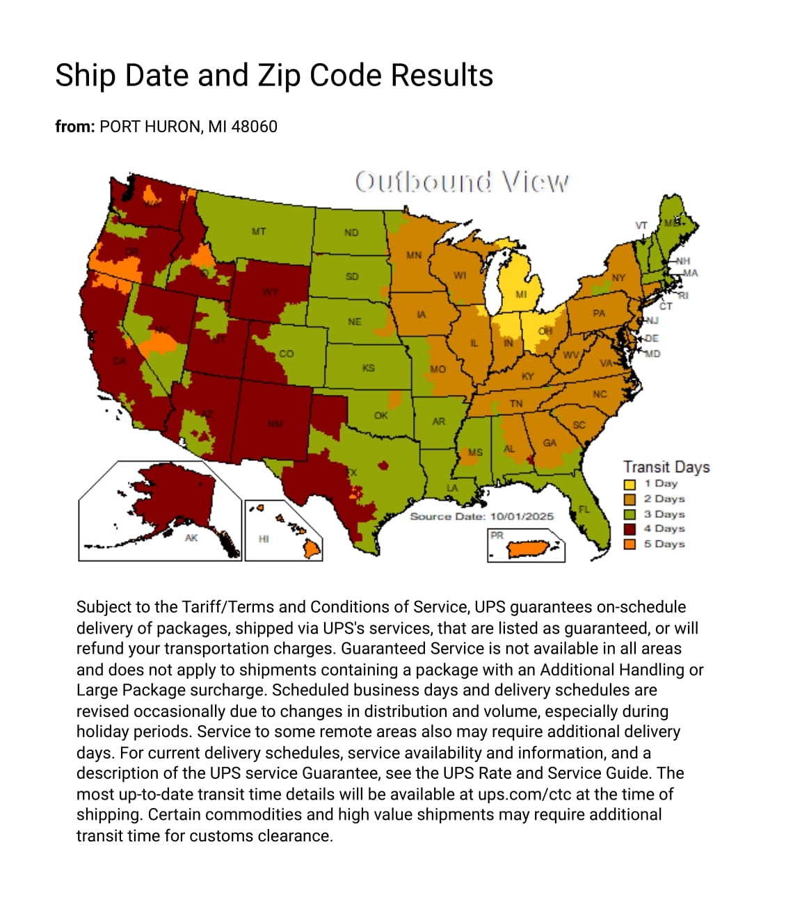 UPS Delivery Map from Z-Lite MI Warehouse by Isabelles Lighting