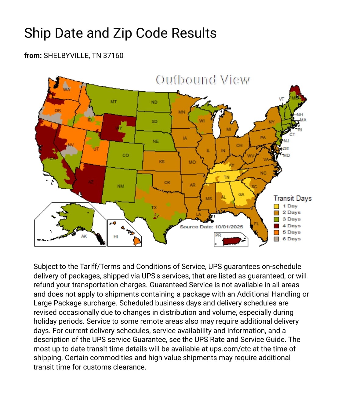 UPS Delivery Map from Z-Lite TN Warehouse by Isabelles Lighting