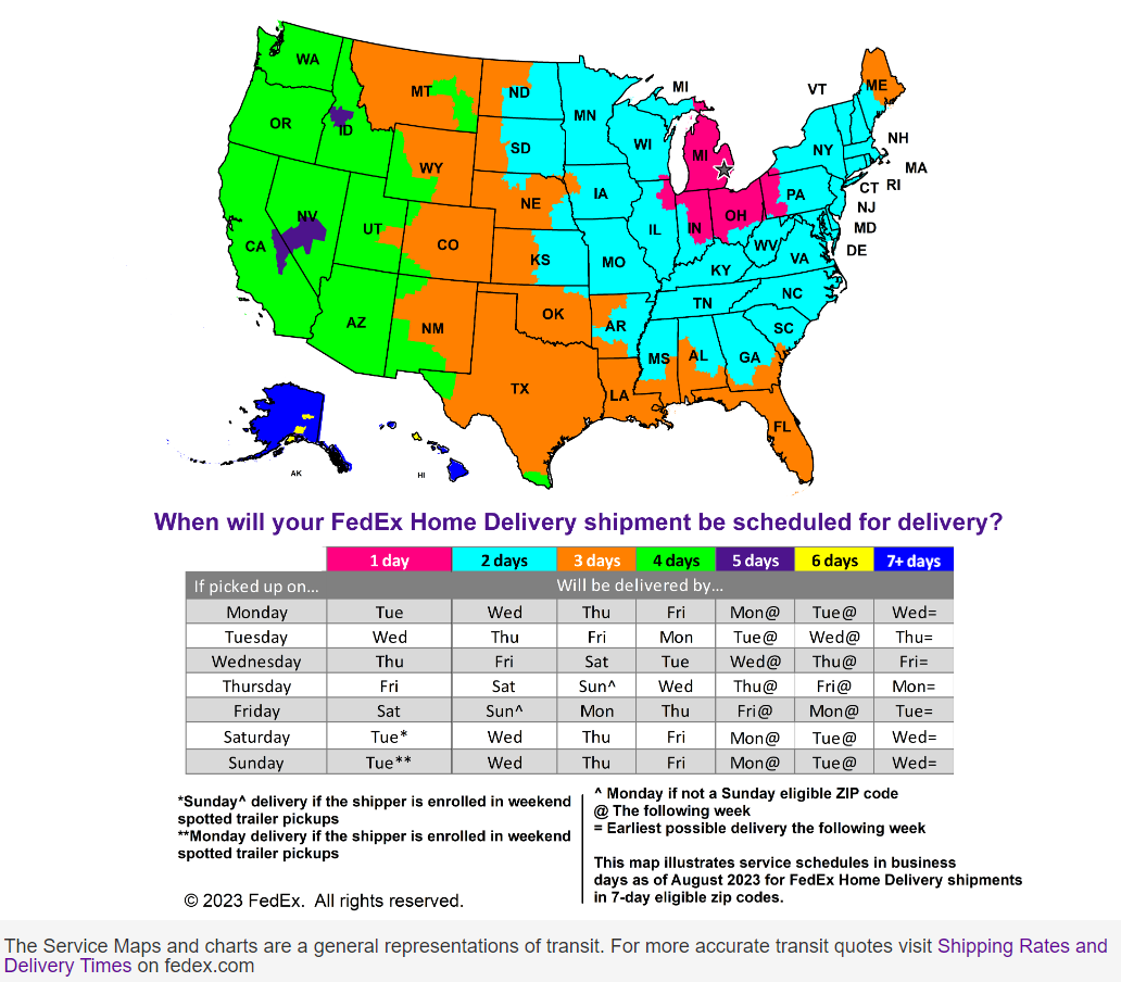 FedEx Delivery Map - Z-Lite MI Warehouse 2023-10