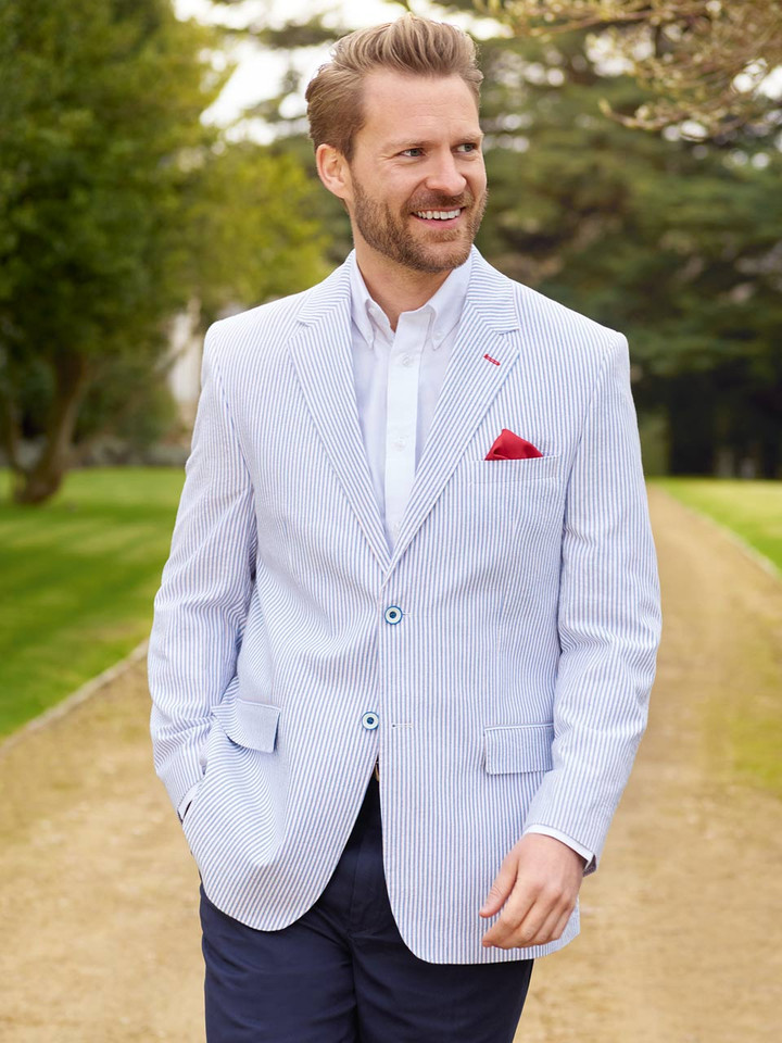 Model wears Seersucker Jacket