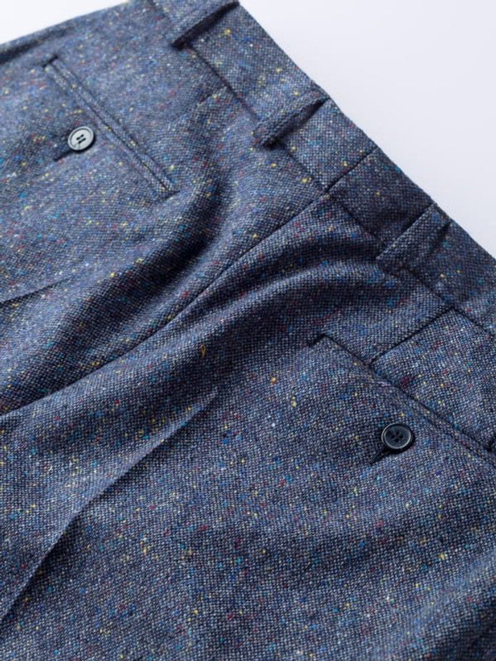 Buttoned Hip Pockets on Blue Fine Donegal Tweed Pants