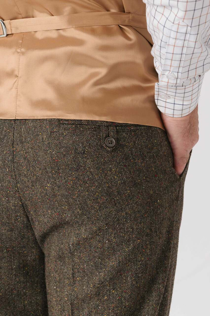 Bronze Brown Fine Donegal Tweed Pants Buttoned Back Pockets