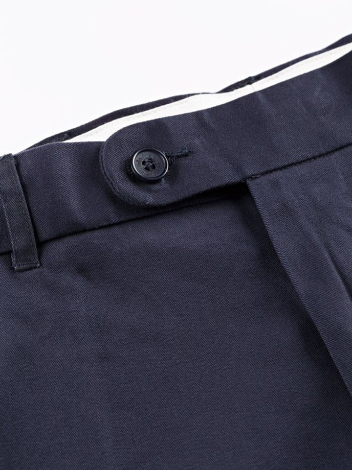 Close Up of Mens Navy Blue Flat Front Chinos Fabric