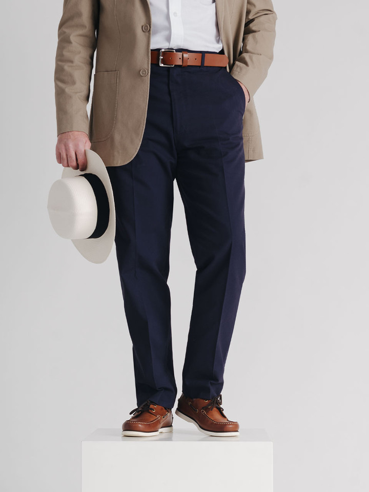 Men's Navy Blue Flat Front Chino Pants on Model