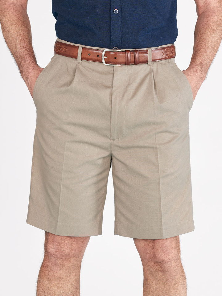 Model wears Men's Sand Brown Cotton Pleated Dress Shorts