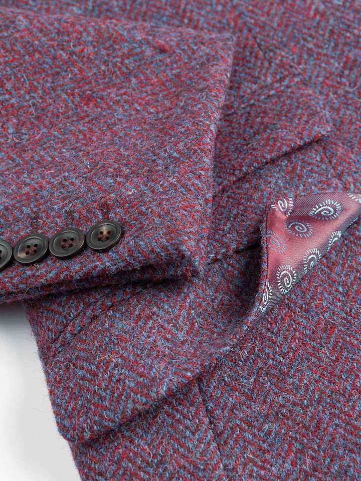 Close Up of Mens Burdock Purple Harris Tweed Details