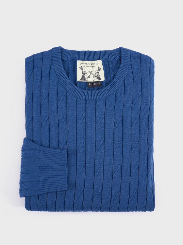 Blue folded cotton cable crew neck jumper