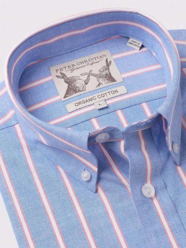 Men's Blue Red Stripe Cotton Shirt Collar