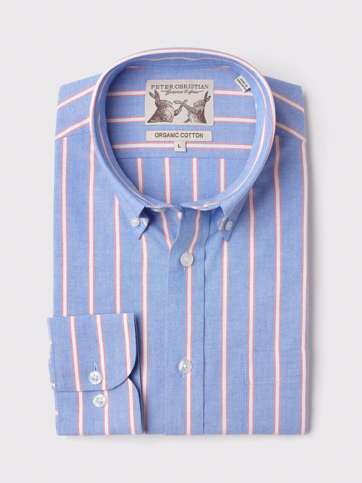 Men's Blue Red Stripe Cotton Shirt