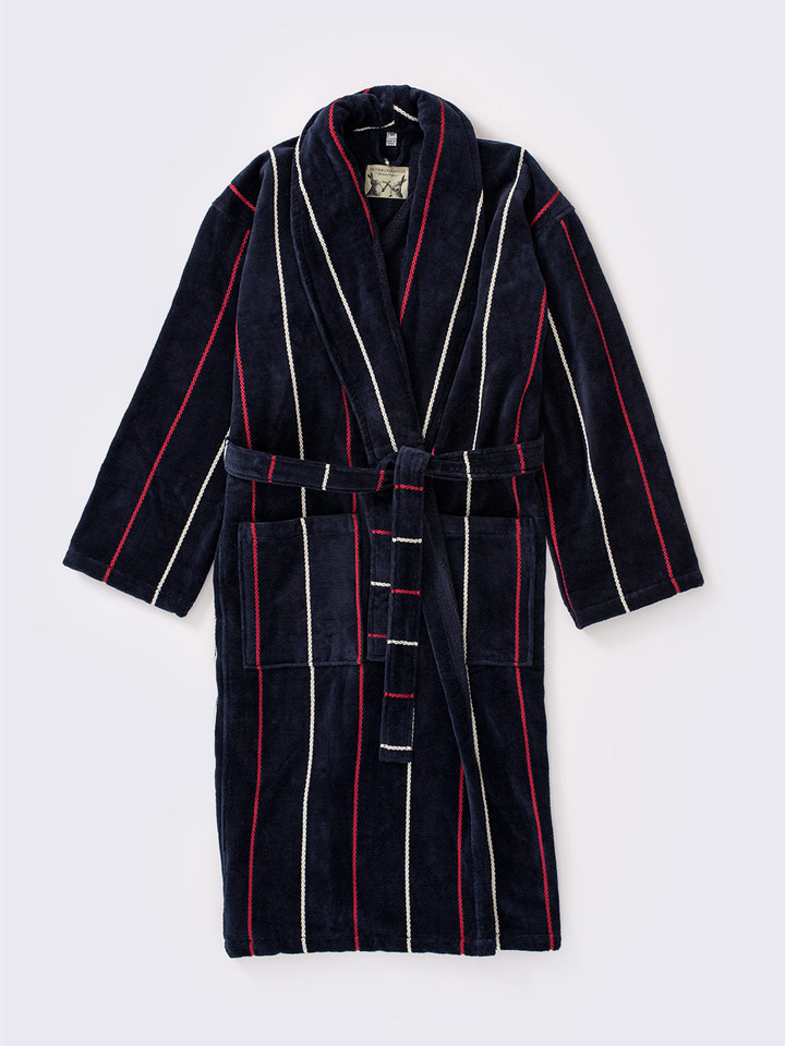 Men's Navy and Red Striped Velour Robe