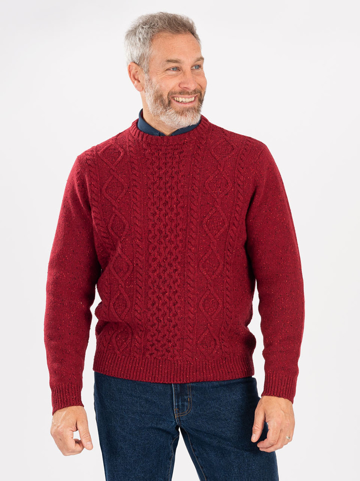 Men's Red Donegal Cable Knit Jumper on Model
