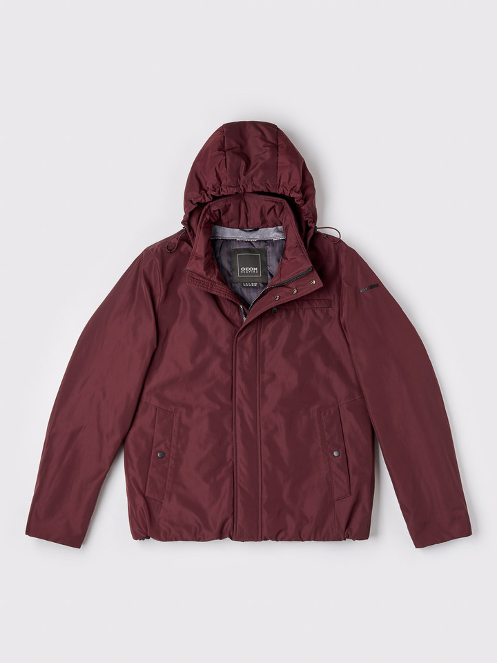 Men's Burgundy Geox Respira Short Padded Jacket Hood Up