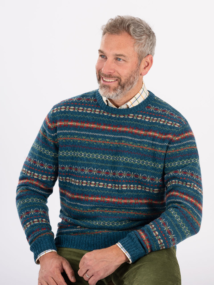 Men's Blue Fairisle Crew Neck Sweater on Model