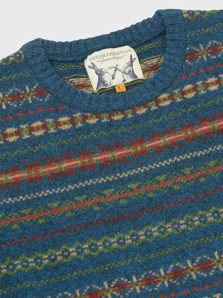 Blue Fairisle Crew Neck Sweater Crew Neck Collar