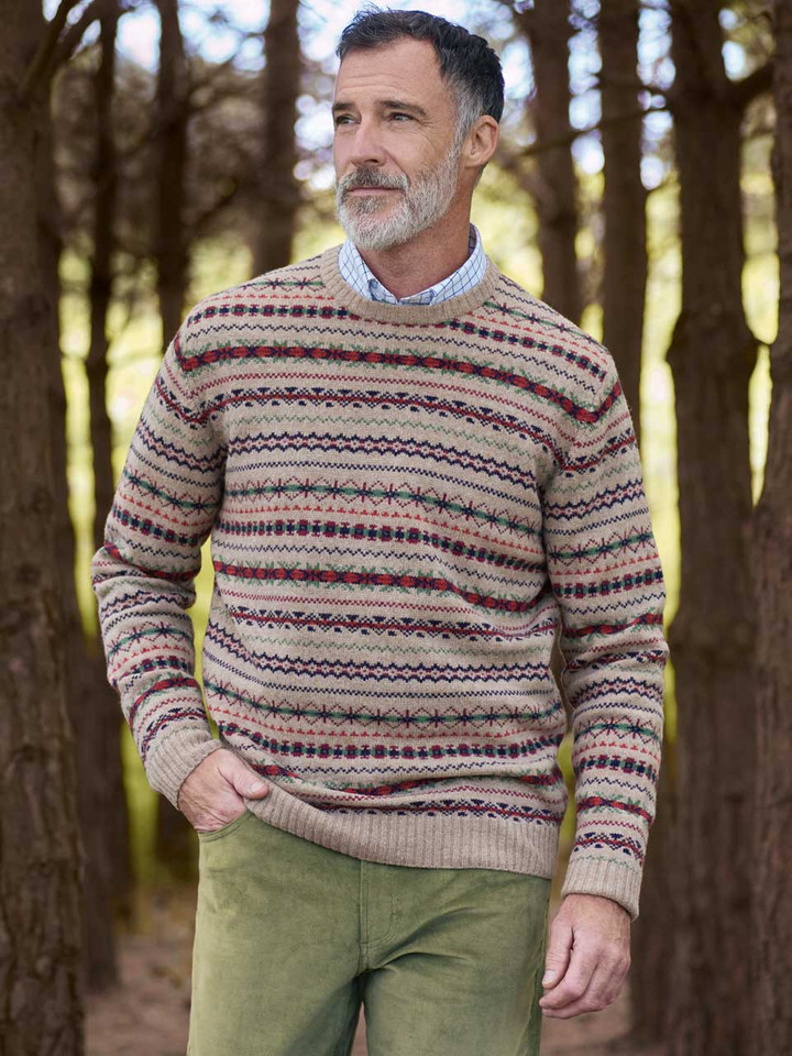 Men's Brown Fairisle Crew Neck Sweater on Model