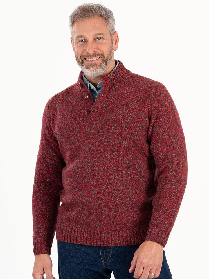 Model wears Wine Button Neck Pullover