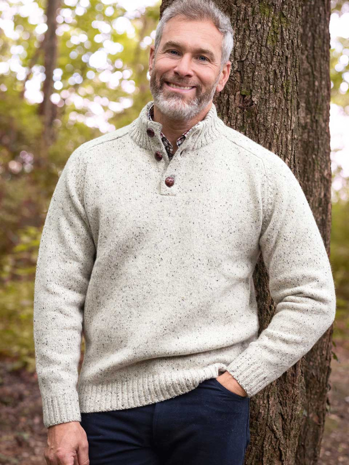 Men's Cream White Stone  Button Neck Pullover