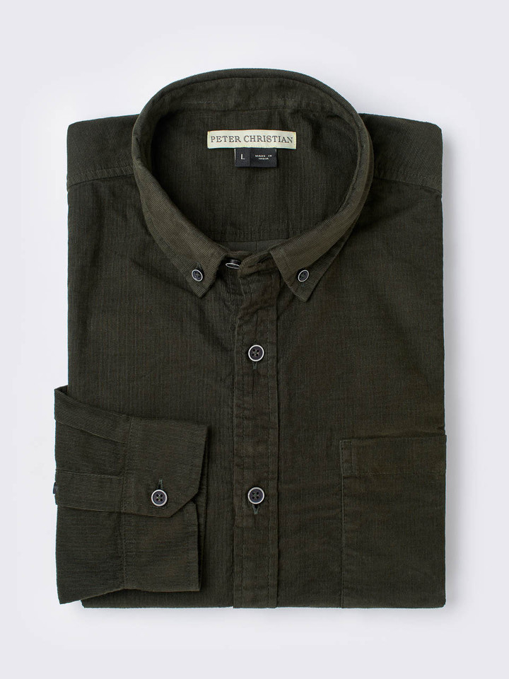 Men's Green Fine Cotton Corduroy Shirt Folded
