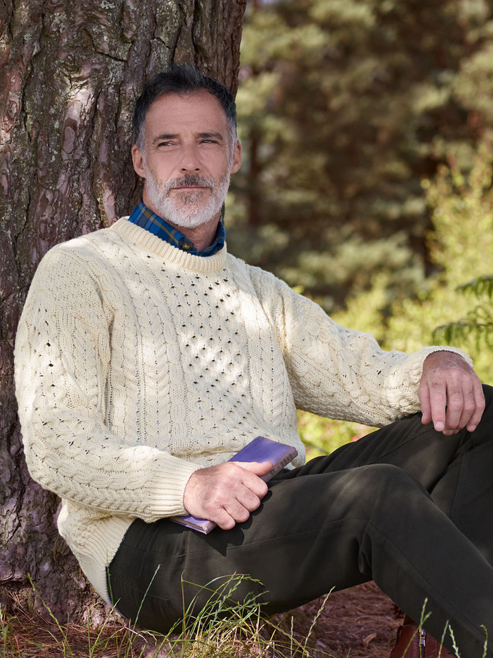 Men's Cream Traditional Irish Aran Jumper on Model