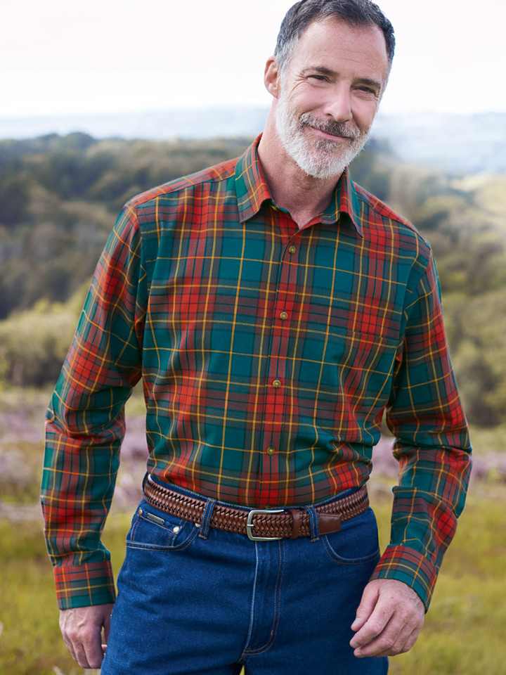 Model wears Men's Red Viyella Wool & Cotton Check Shirt