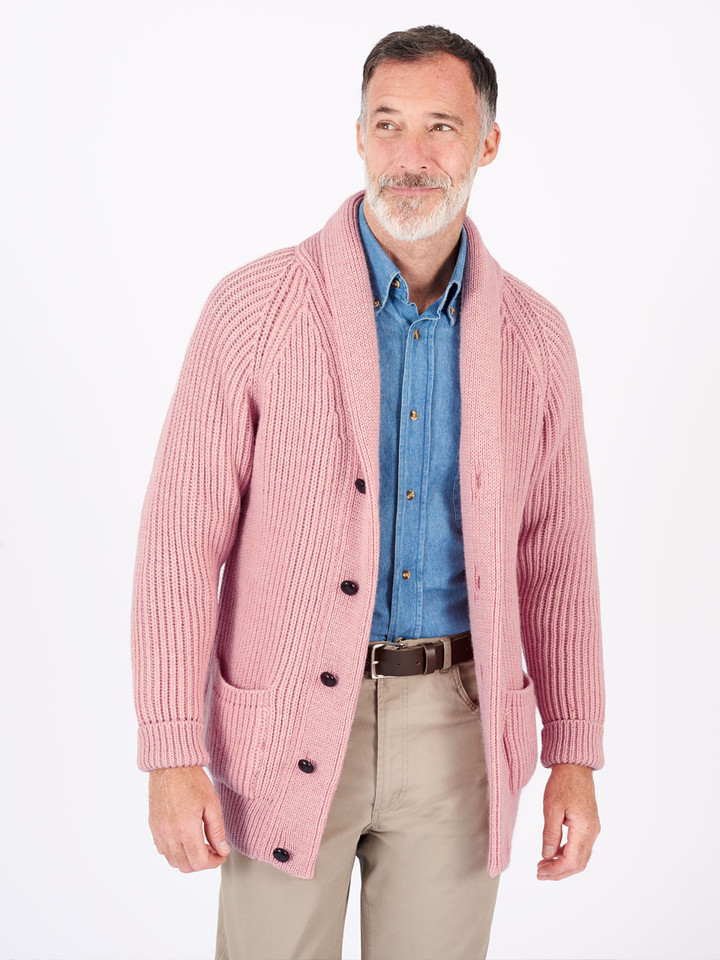 Model wears Men's Pink Knitted Wool Shawl Neck Cardigan