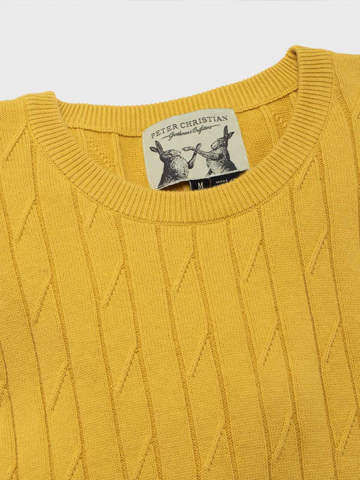 Men's Gold Yellow Cotton Cable Crew Neck Sweater Crew Neckline