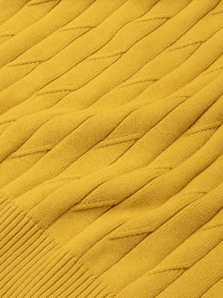 Men's Gold Yellow Cotton Cable Crew Neck Sweater Fabric Close Up