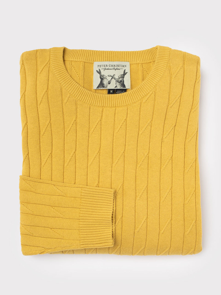 Men's Gold Yellow Cotton Cable Crew Neck Sweater Folded
