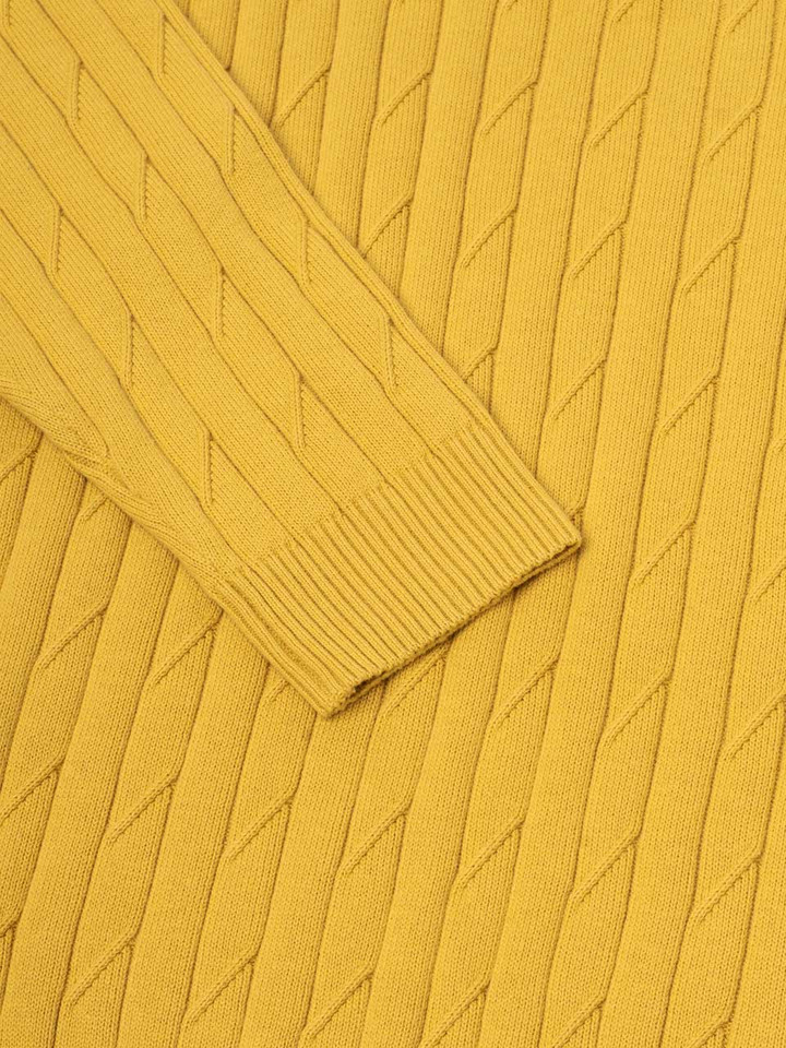 Men's Gold Yellow Cotton Cable Crew Neck Sweater Ribbed Cuff