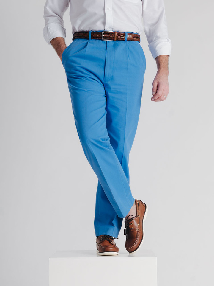 Men's Blue Pleated Chino Pants on Model