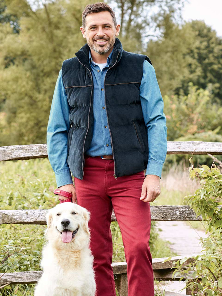 Men's Navy Fine Corduroy Padded Gilet Model