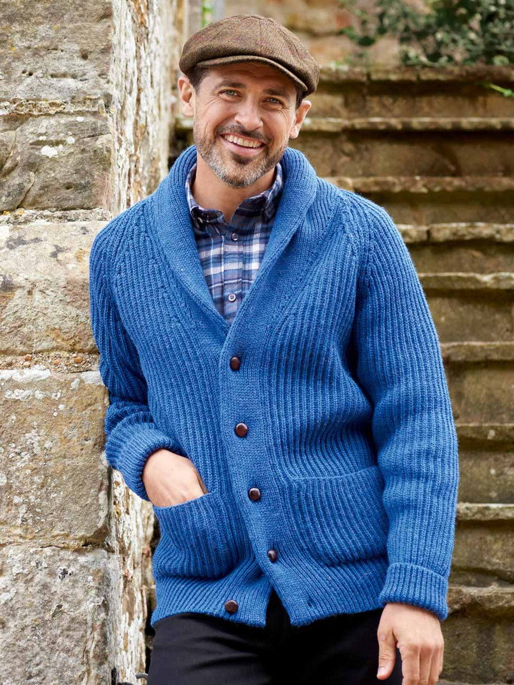 Men's Blue Shawl Neck Cardigan On Model