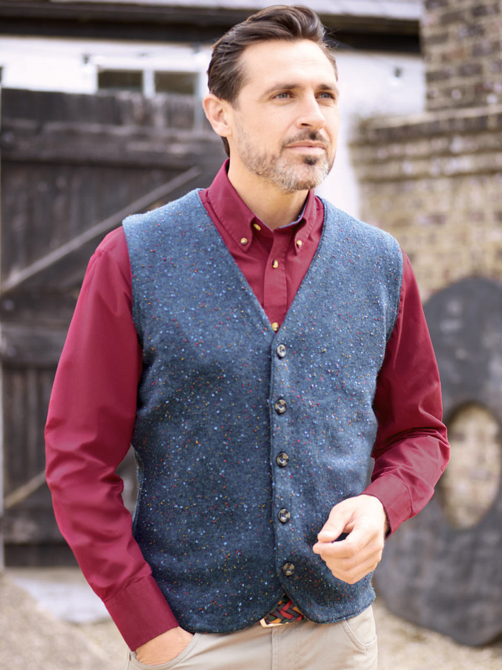 Navy Donegal Knit Vest On Model