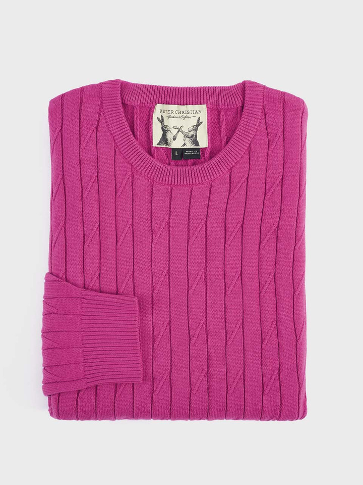 Pink folded cotton cable crew neck jumper