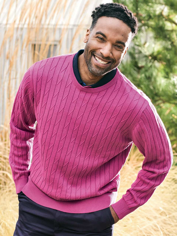Model wearing Magenta Pink Cotton Crew Sweater