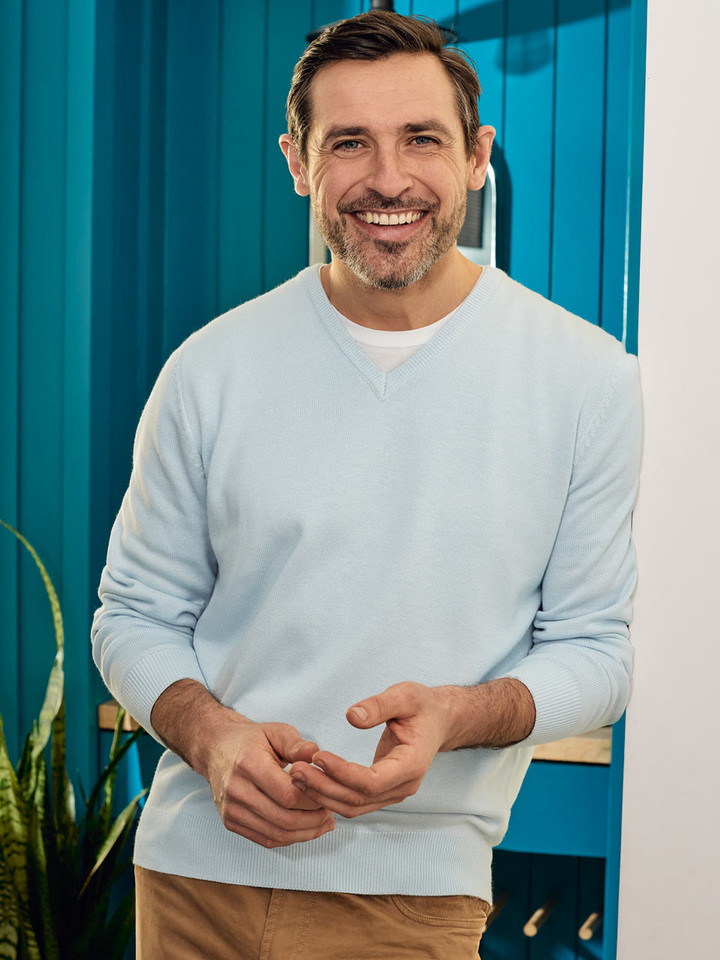 Men's Light Blue Lightweight V-Neck Sweater On Model