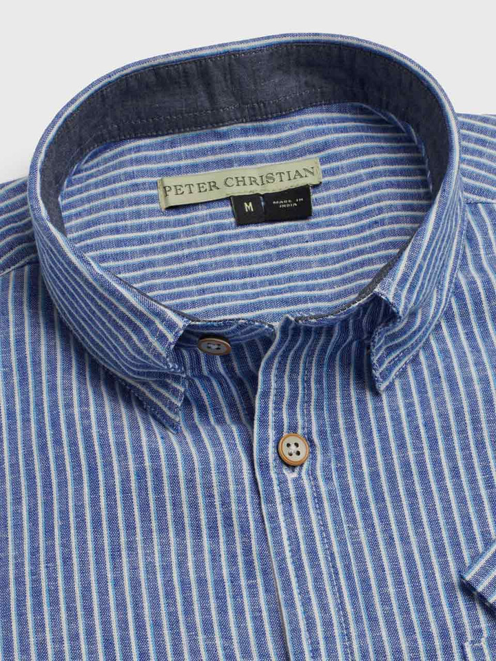 Men's Blue & White Stripe Linen & Cotton Short Sleeve Shirt Collar