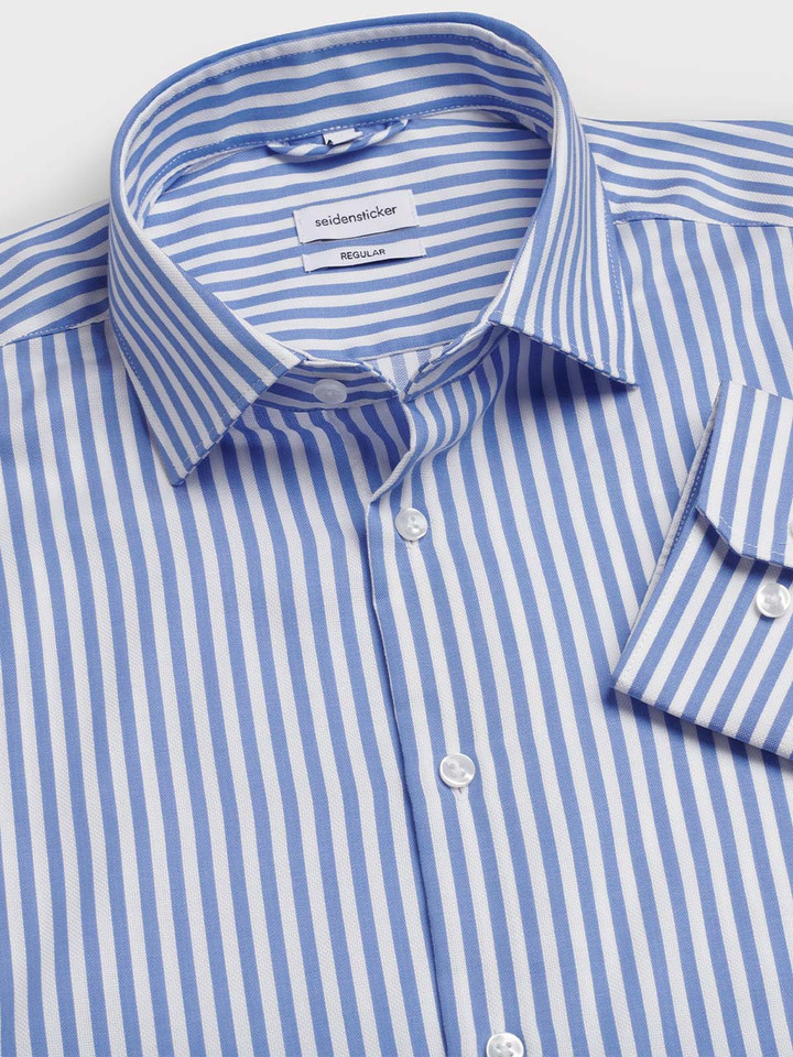 Men's Blue and White Vertical Stripe Seidensticker Long Sleeve Shirt Collar