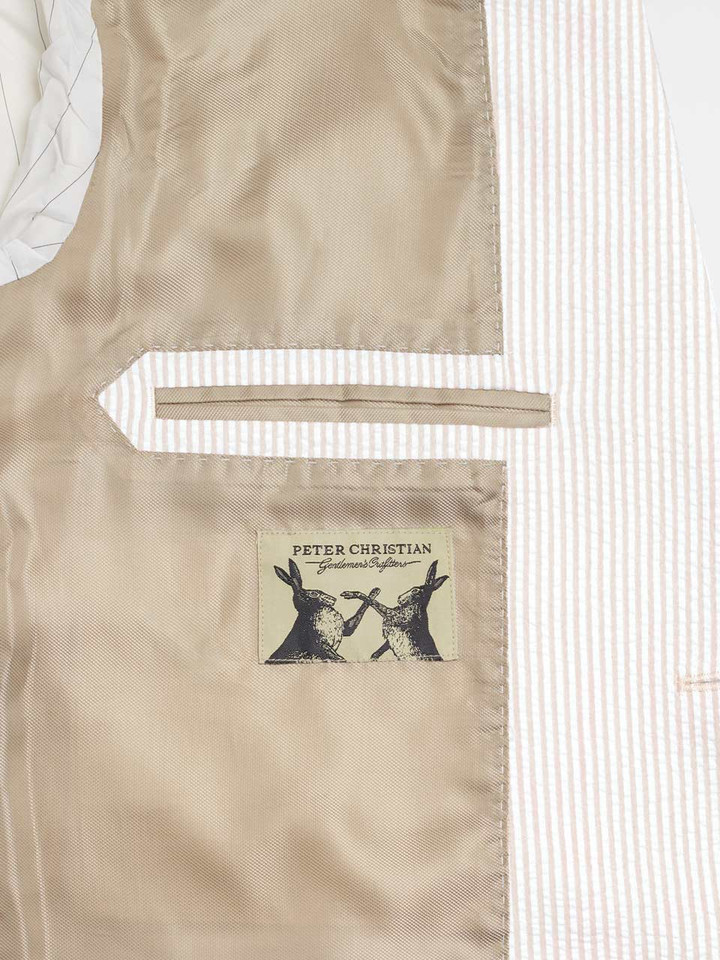 Men's Beige and White Striped Seersucker Jacket Inside Pocket